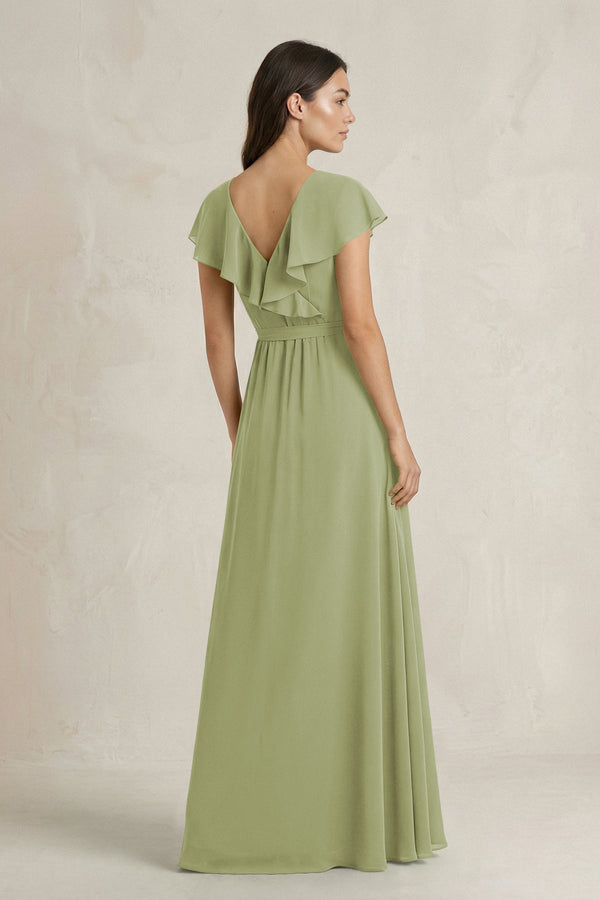 V - Neck A - Line Ruffled Chiffon Bridesmaid Dress With Bow in Moss Green - KissProm Bridesmaid Dresses