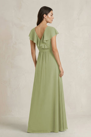 V - Neck A - Line Ruffled Chiffon Bridesmaid Dress With Bow in Moss Green - KissProm Bridesmaid Dresses