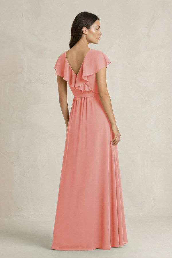 V - Neck A - Line Ruffled Chiffon Bridesmaid Dress With Bow in Mulberry - KissProm Bridesmaid Dresses
