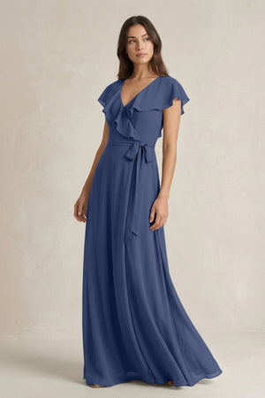 V - Neck A - Line Ruffled Chiffon Bridesmaid Dress With Bow in Navy - KissProm Bridesmaid Dresses