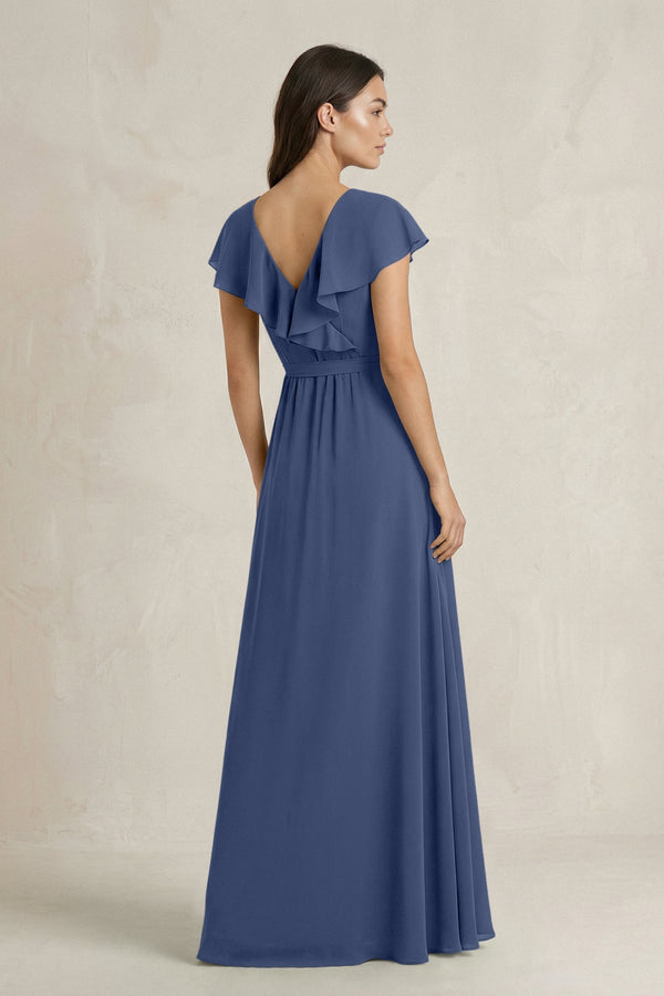 V - Neck A - Line Ruffled Chiffon Bridesmaid Dress With Bow in Navy - KissProm Bridesmaid Dresses