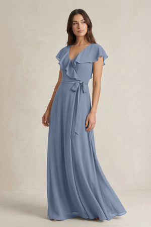 V - Neck A - Line Ruffled Chiffon Bridesmaid Dress With Bow in Neptune - KissProm Bridesmaid Dresses