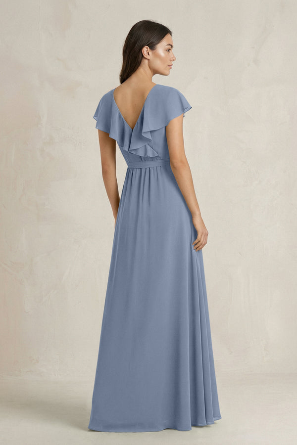 V - Neck A - Line Ruffled Chiffon Bridesmaid Dress With Bow in Neptune - KissProm Bridesmaid Dresses