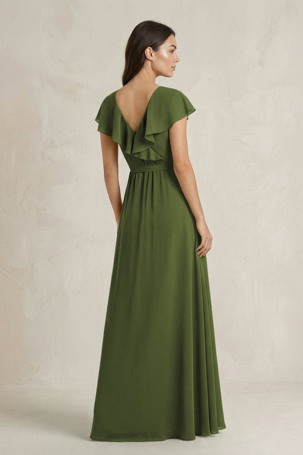V - Neck A - Line Ruffled Chiffon Bridesmaid Dress With Bow in Olive - KissProm Bridesmaid Dresses