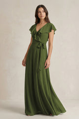 V - Neck A - Line Ruffled Chiffon Bridesmaid Dress With Bow in Olive - KissProm Bridesmaid Dresses