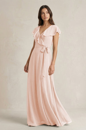 V - Neck A - Line Ruffled Chiffon Bridesmaid Dress With Bow in Pale Blush - KissProm Bridesmaid Dresses
