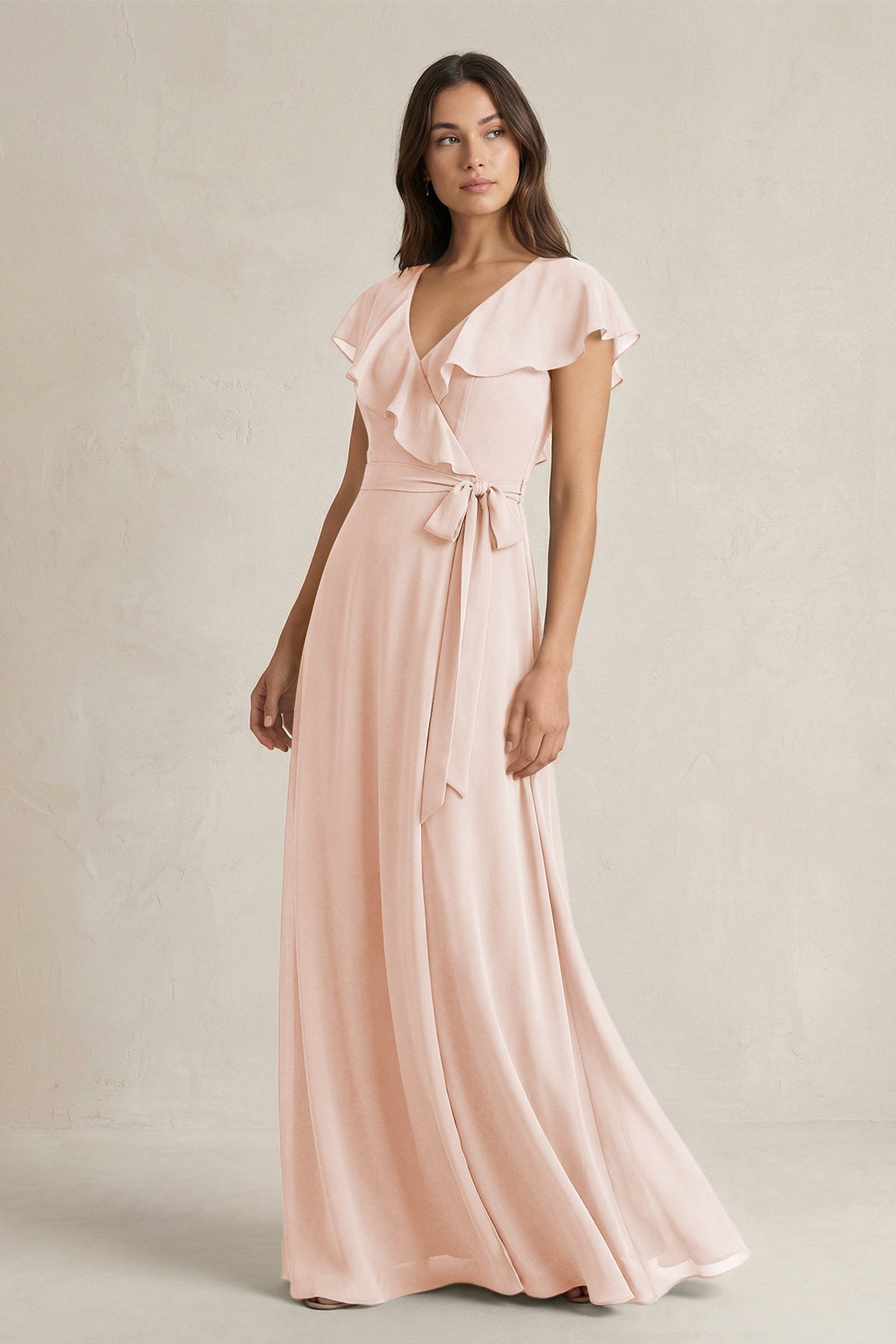 KissProm V-Neck A-Line Ruffled Chiffon Bridesmaid Dress With Bow in Pale Blush, Pale Blush / 8