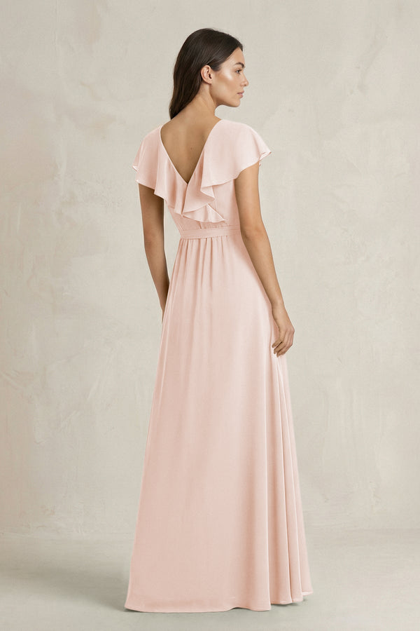 V - Neck A - Line Ruffled Chiffon Bridesmaid Dress With Bow in Pale Blush - KissProm Bridesmaid Dresses