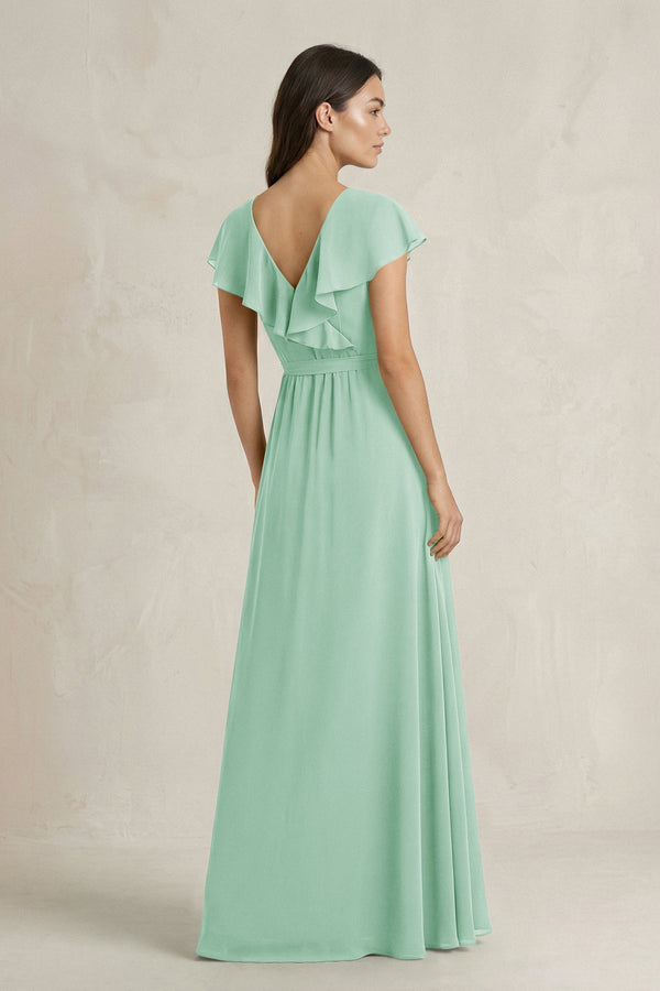 V - Neck A - Line Ruffled Chiffon Bridesmaid Dress With Bow in Pale Pistachio - KissProm Bridesmaid Dresses
