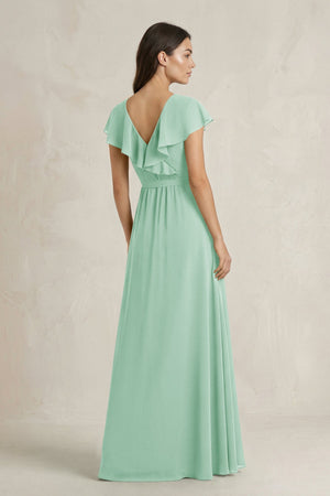V - Neck A - Line Ruffled Chiffon Bridesmaid Dress With Bow in Pale Pistachio - KissProm Bridesmaid Dresses
