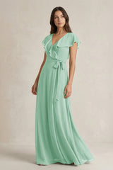 V - Neck A - Line Ruffled Chiffon Bridesmaid Dress With Bow in Pale Pistachio - KissProm Bridesmaid Dresses