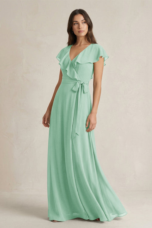 V - Neck A - Line Ruffled Chiffon Bridesmaid Dress With Bow in Pale Pistachio - KissProm Bridesmaid Dresses