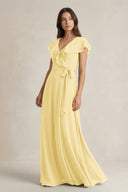 V - Neck A - Line Ruffled Chiffon Bridesmaid Dress With Bow in Pastel Yellow - KissProm Bridesmaid Dresses