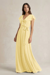 V - Neck A - Line Ruffled Chiffon Bridesmaid Dress With Bow in Pastel Yellow - KissProm Bridesmaid Dresses