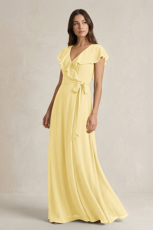 V - Neck A - Line Ruffled Chiffon Bridesmaid Dress With Bow in Pastel Yellow - KissProm Bridesmaid Dresses