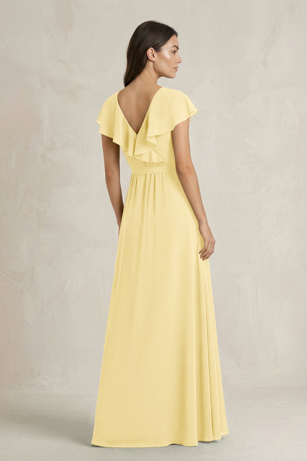 V - Neck A - Line Ruffled Chiffon Bridesmaid Dress With Bow in Pastel Yellow - KissProm Bridesmaid Dresses