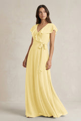 V - Neck A - Line Ruffled Chiffon Bridesmaid Dress With Bow in Pastel Yellow - KissProm Bridesmaid Dresses