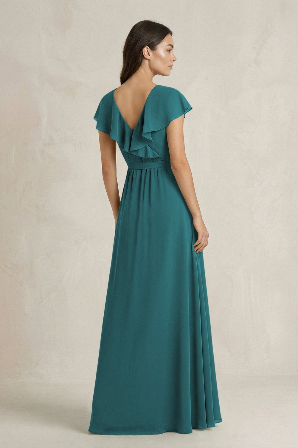 V - Neck A - Line Ruffled Chiffon Bridesmaid Dress With Bow in Pine - KissProm Bridesmaid Dresses
