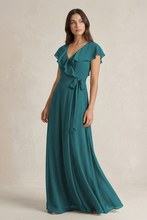 V - Neck A - Line Ruffled Chiffon Bridesmaid Dress With Bow in Pine - KissProm Bridesmaid Dresses