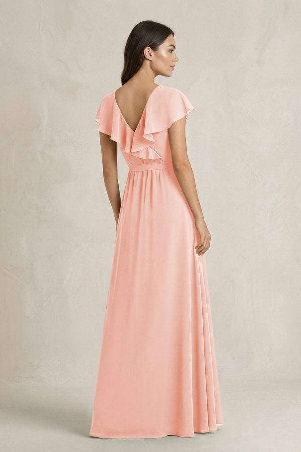 V - Neck A - Line Ruffled Chiffon Bridesmaid Dress With Bow in Rose Petal - KissProm Bridesmaid Dresses