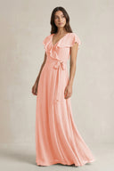V - Neck A - Line Ruffled Chiffon Bridesmaid Dress With Bow in Rose Petal - KissProm Bridesmaid Dresses