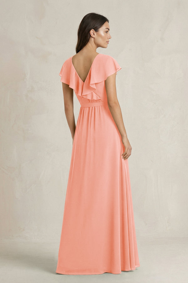 V - Neck A - Line Ruffled Chiffon Bridesmaid Dress With Bow in Rosette - KissProm Bridesmaid Dresses