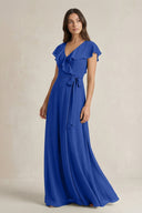 V - Neck A - Line Ruffled Chiffon Bridesmaid Dress With Bow in Royal Blue - KissProm Bridesmaid Dresses