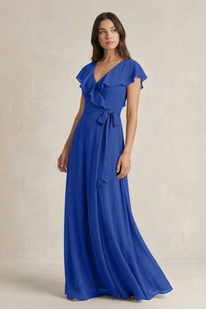 V - Neck A - Line Ruffled Chiffon Bridesmaid Dress With Bow in Royal Blue - KissProm Bridesmaid Dresses