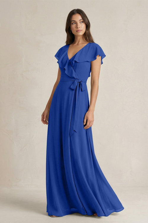 V - Neck A - Line Ruffled Chiffon Bridesmaid Dress With Bow in Royal Blue - KissProm Bridesmaid Dresses