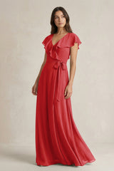 V - Neck A - Line Ruffled Chiffon Bridesmaid Dress With Bow in Ruby Red - KissProm Bridesmaid Dresses