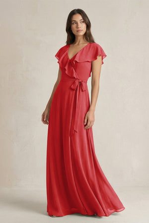 V - Neck A - Line Ruffled Chiffon Bridesmaid Dress With Bow in Ruby Red - KissProm Bridesmaid Dresses