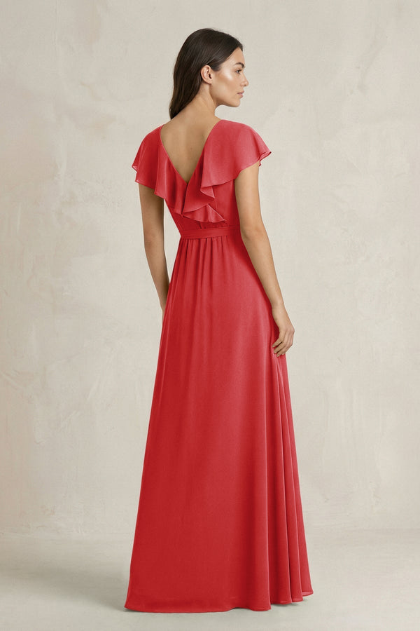 V - Neck A - Line Ruffled Chiffon Bridesmaid Dress With Bow in Ruby Red - KissProm Bridesmaid Dresses