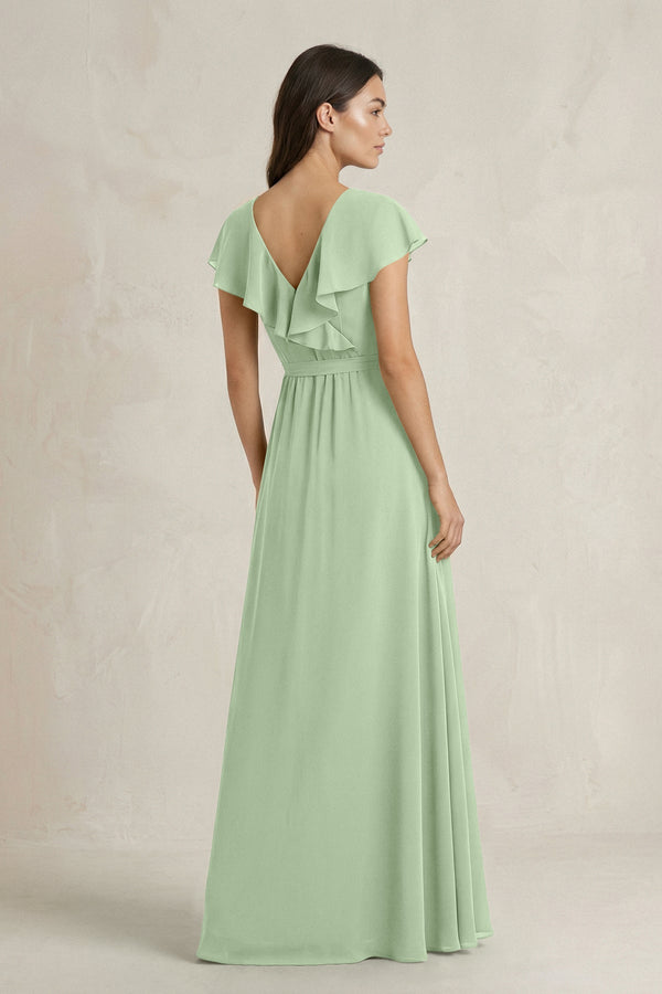 V - Neck A - Line Ruffled Chiffon Bridesmaid Dress With Bow in Sage - KissProm Bridesmaid Dresses