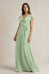 V - Neck A - Line Ruffled Chiffon Bridesmaid Dress With Bow in Sage - KissProm Bridesmaid Dresses