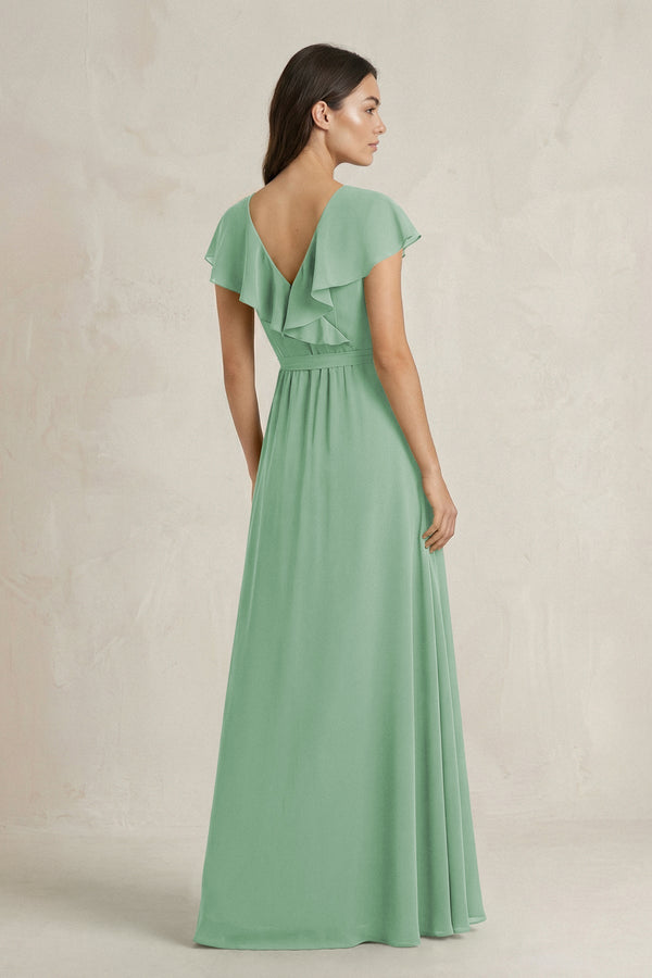V - Neck A - Line Ruffled Chiffon Bridesmaid Dress With Bow in Sea Glass - KissProm Bridesmaid Dresses