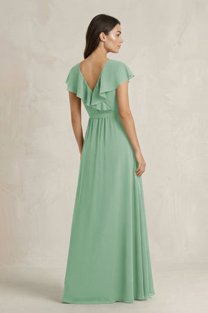 V - Neck A - Line Ruffled Chiffon Bridesmaid Dress With Bow in Sea Glass - KissProm Bridesmaid Dresses
