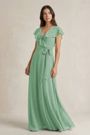 V - Neck A - Line Ruffled Chiffon Bridesmaid Dress With Bow in Sea Glass - KissProm Bridesmaid Dresses
