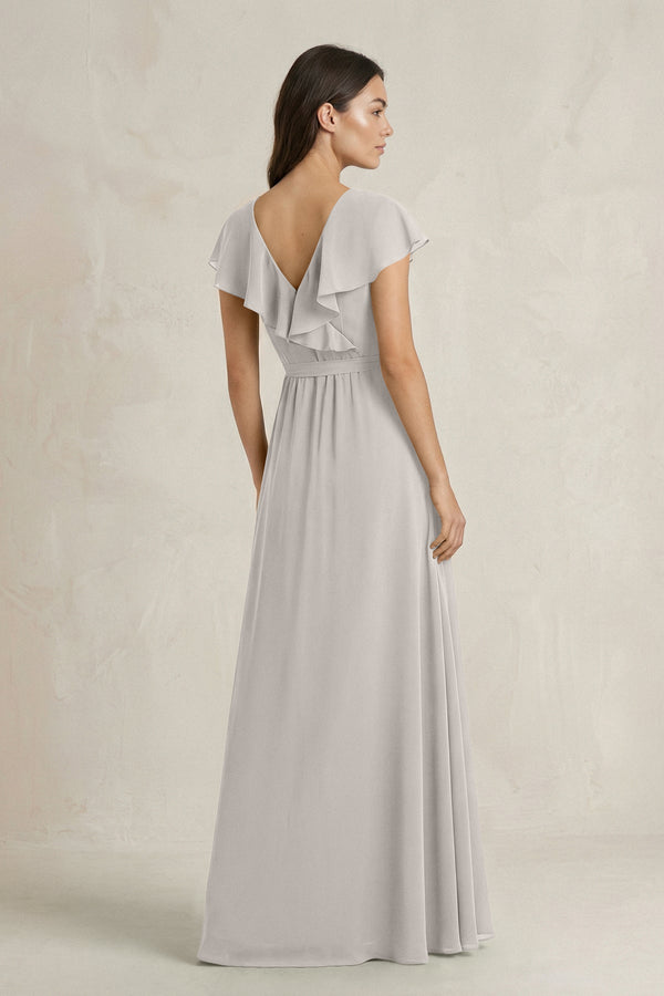 V - Neck A - Line Ruffled Chiffon Bridesmaid Dress With Bow in Silver - KissProm Bridesmaid Dresses