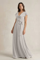 V - Neck A - Line Ruffled Chiffon Bridesmaid Dress With Bow in Silver - KissProm Bridesmaid Dresses