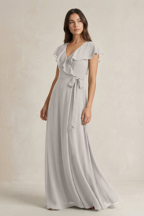 V - Neck A - Line Ruffled Chiffon Bridesmaid Dress With Bow in Silver - KissProm Bridesmaid Dresses