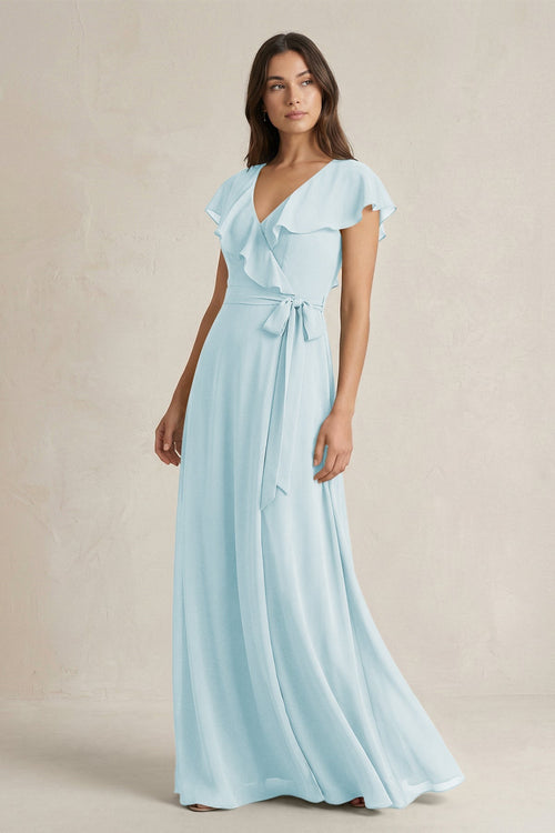 V - Neck A - Line Ruffled Chiffon Bridesmaid Dress With Bow in Sky Blue - KissProm Bridesmaid Dresses