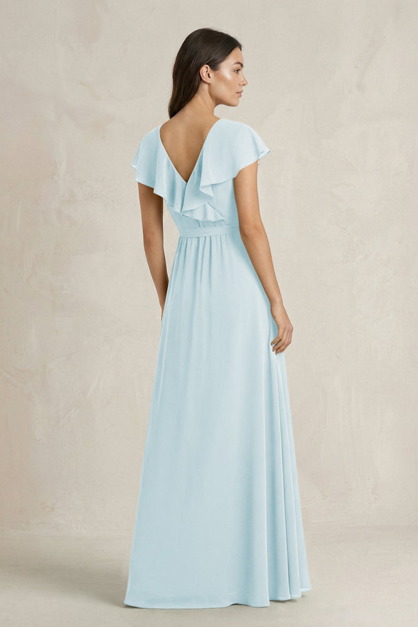 V - Neck A - Line Ruffled Chiffon Bridesmaid Dress With Bow in Sky Blue - KissProm Bridesmaid Dresses
