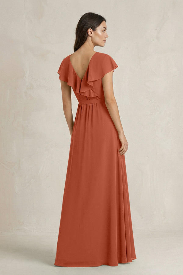 V - Neck A - Line Ruffled Chiffon Bridesmaid Dress With Bow in Spice - KissProm Bridesmaid Dresses