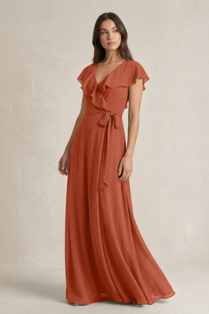 V - Neck A - Line Ruffled Chiffon Bridesmaid Dress With Bow in Spice - KissProm Bridesmaid Dresses