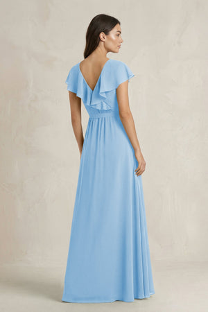 V - Neck A - Line Ruffled Chiffon Bridesmaid Dress With Bow in Steel Blue - KissProm Bridesmaid Dresses