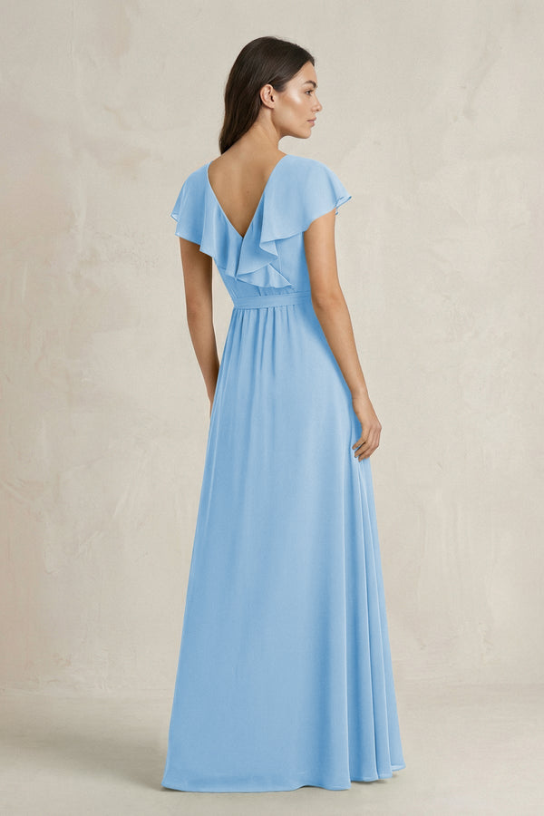 V - Neck A - Line Ruffled Chiffon Bridesmaid Dress With Bow in Steel Blue - KissProm Bridesmaid Dresses