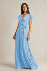 V - Neck A - Line Ruffled Chiffon Bridesmaid Dress With Bow in Steel Blue - KissProm Bridesmaid Dresses