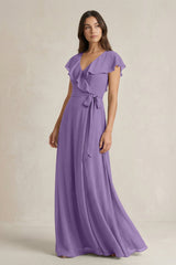 V - Neck A - Line Ruffled Chiffon Bridesmaid Dress With Bow in Tahiti - KissProm Bridesmaid Dresses