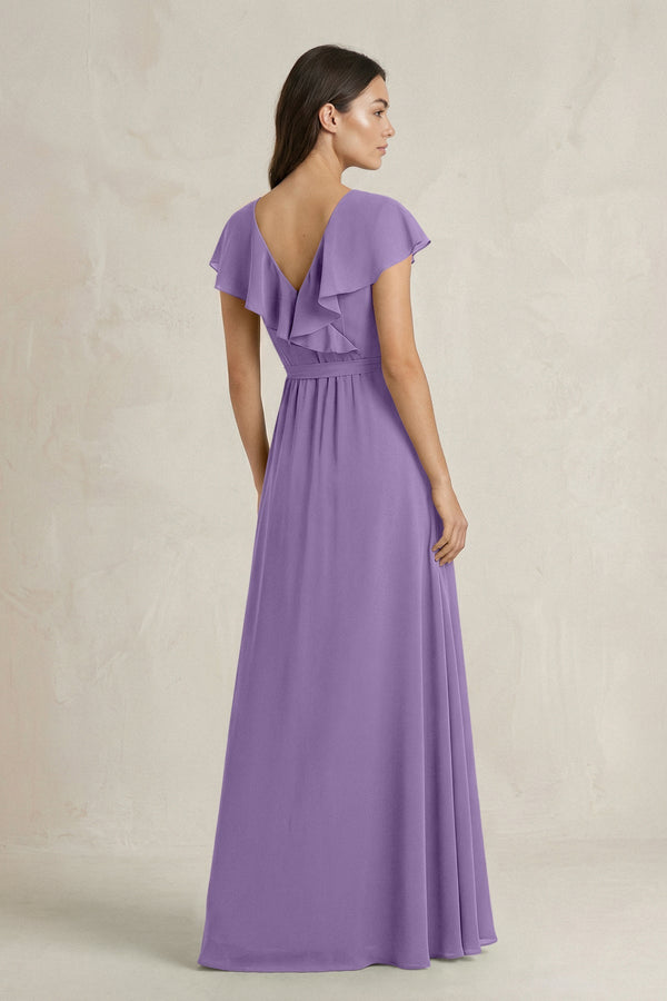V - Neck A - Line Ruffled Chiffon Bridesmaid Dress With Bow in Tahiti - KissProm Bridesmaid Dresses