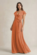V - Neck A - Line Ruffled Chiffon Bridesmaid Dress With Bow in Terracotta - KissProm Bridesmaid Dresses